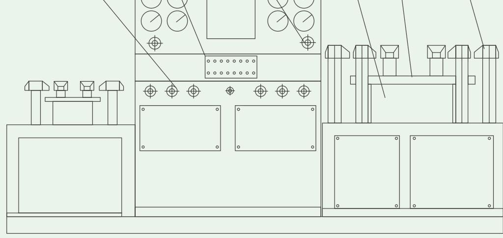 Dimensioned outline drawing of the KY-T butterfly valve test bench showing clamping jaws, sealing heads and control cabinet